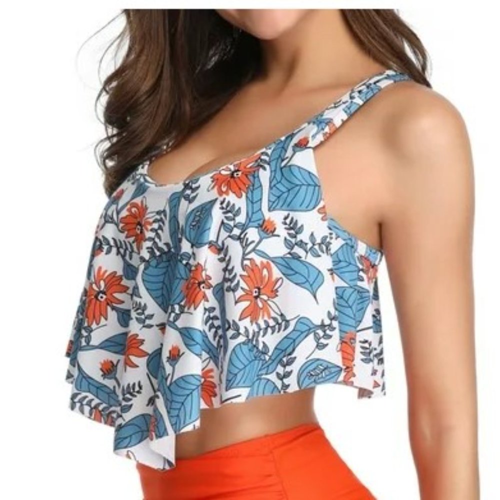 White with Blue and Orange Floral Print Swimsuit Top